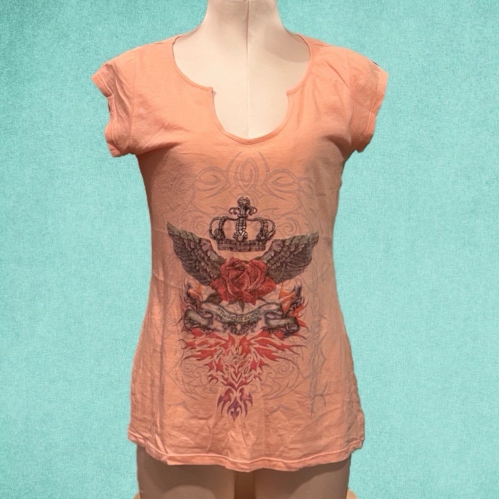 Peach Y2K crown rose and tribal design Graphic Women Top - Picture 2 of 7